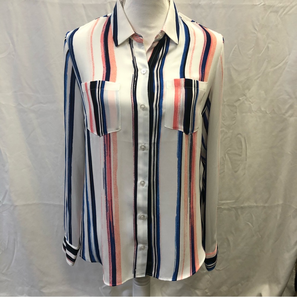 White House Black Market Striped Collar Long Sleeve Button-Up Shirt White Size 8